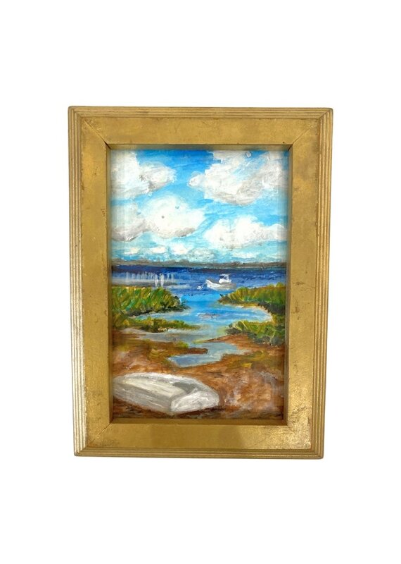 Vintage Framed Blue Sky Coastal Scene with Boats Painting