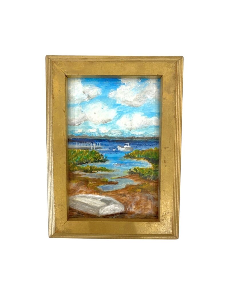 Vintage Framed Blue Sky Coastal Scene with Boats Painting