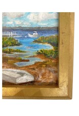 Vintage Framed Blue Sky Coastal Scene with Boats Painting