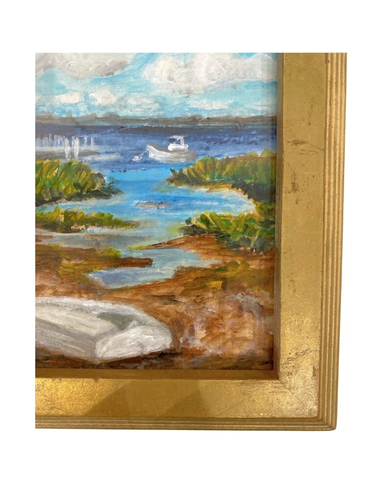 Vintage Framed Blue Sky Coastal Scene with Boats Painting