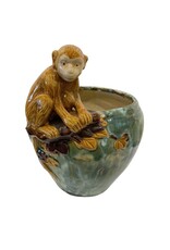 Vintage Green Glazed Ceramic Planter with Monkey on a Branch