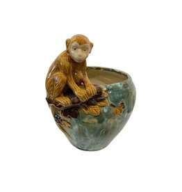 Vintage Green Glazed Ceramic Planter with Monkey on a Branch