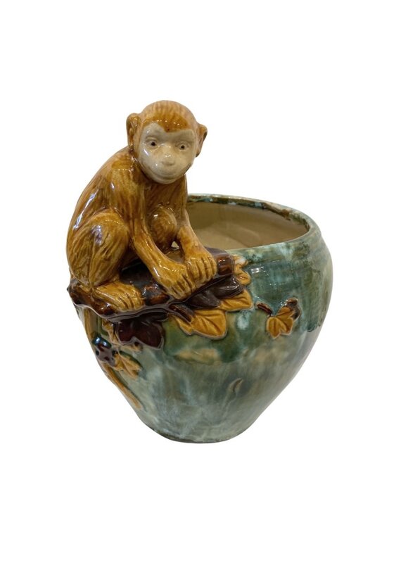 Vintage Green Glazed Ceramic Planter with Monkey on a Branch
