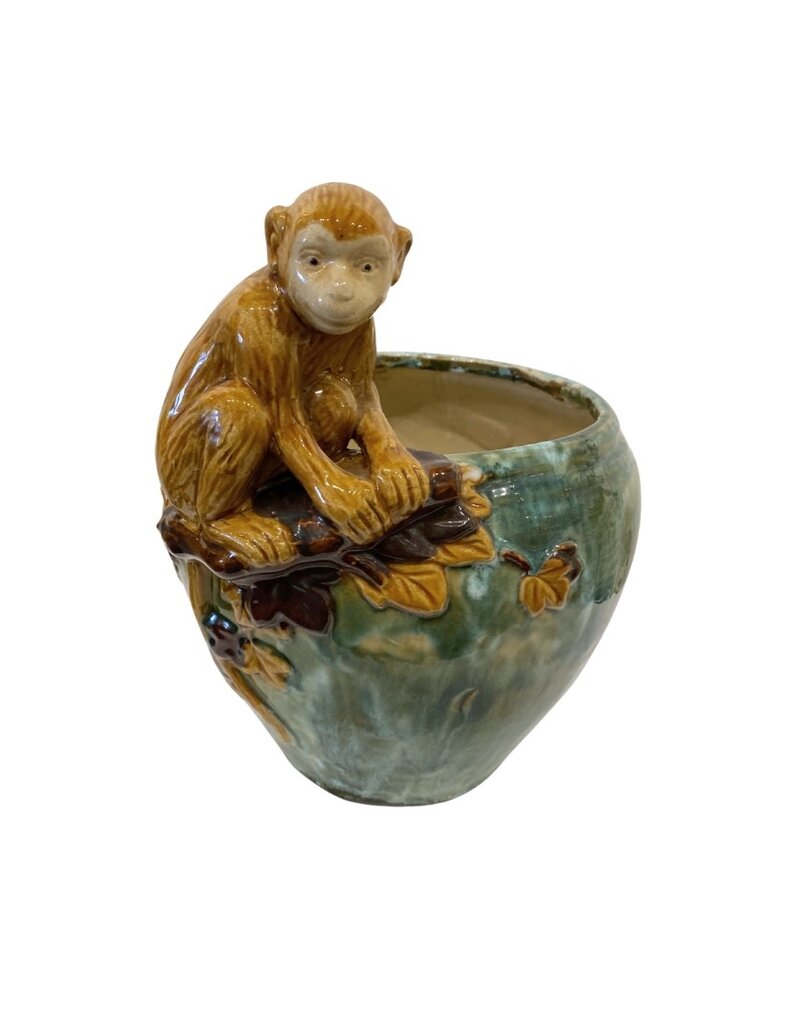 Vintage Green Glazed Ceramic Planter with Monkey on a Branch