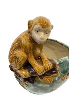 Vintage Green Glazed Ceramic Planter with Monkey on a Branch