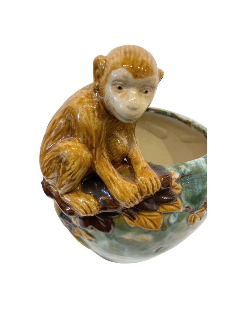 Vintage Green Glazed Ceramic Planter with Monkey on a Branch