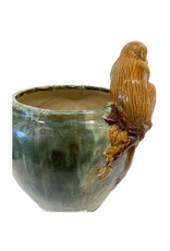 Vintage Green Glazed Ceramic Planter with Monkey on a Branch