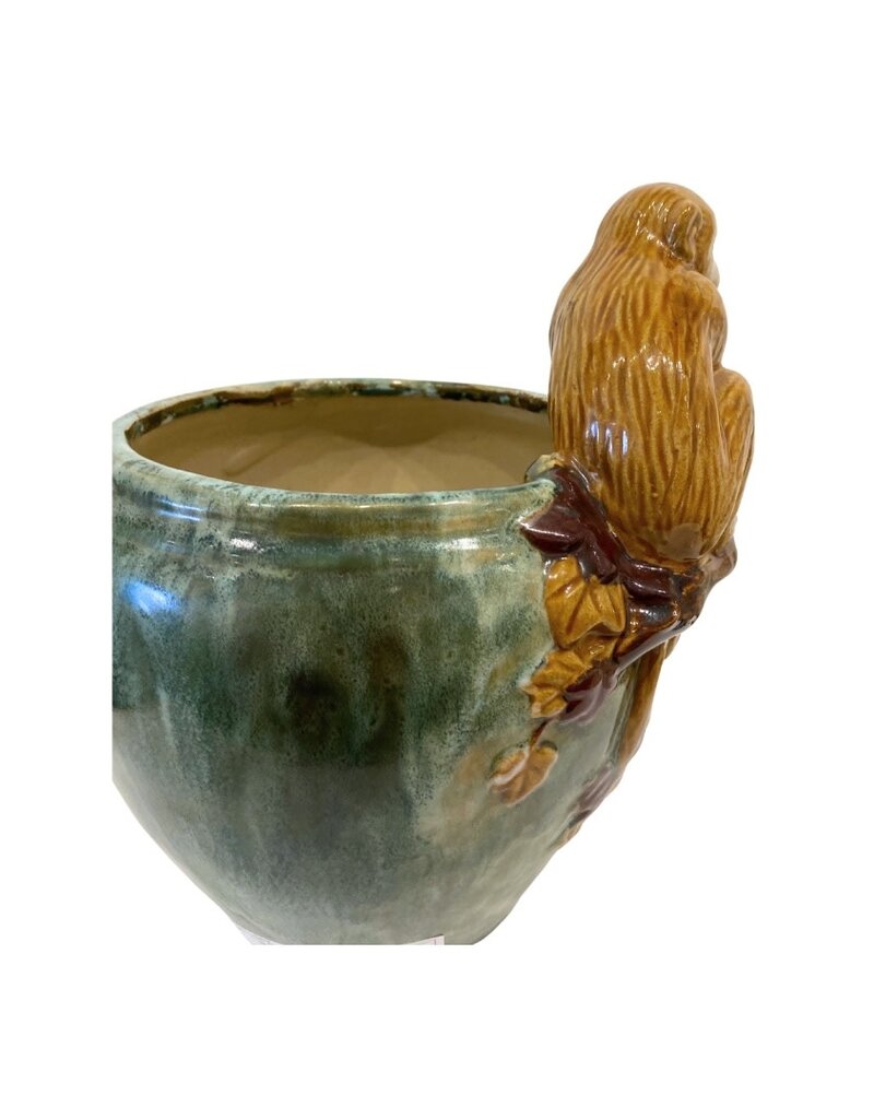 Vintage Green Glazed Ceramic Planter with Monkey on a Branch
