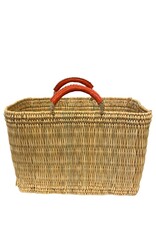 Natural Straw Rectangular Tote with Orange Leather Handles