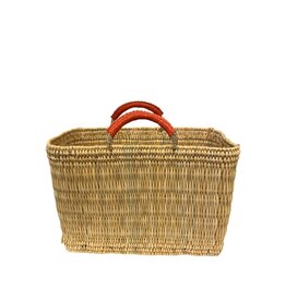 Natural Straw Rectangular Tote with Orange Leather Handles
