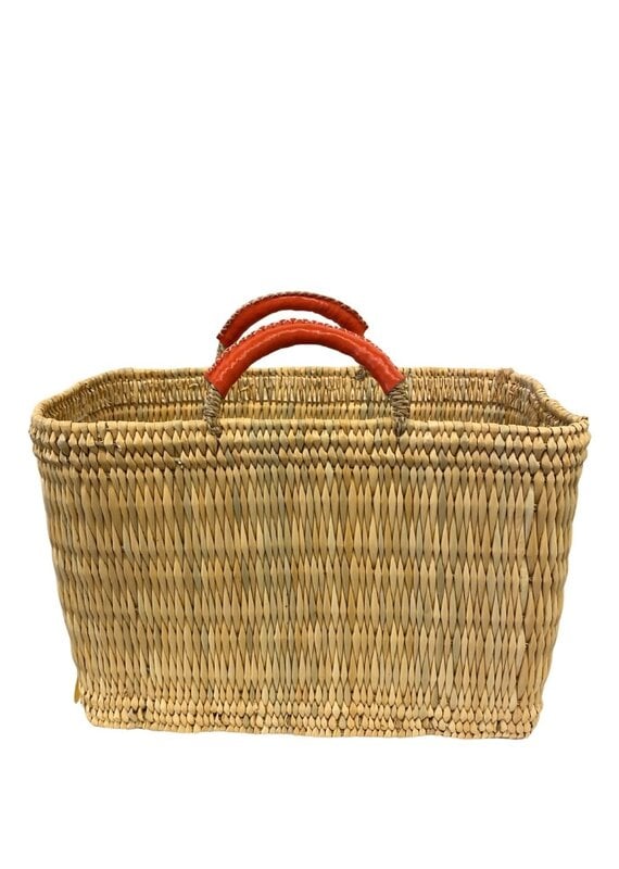 Natural Straw Rectangular Tote with Orange Leather Handles