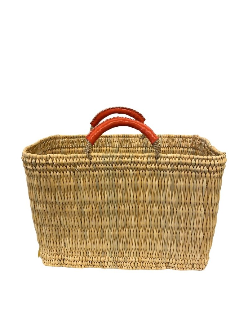 Natural Straw Rectangular Tote with Orange Leather Handles