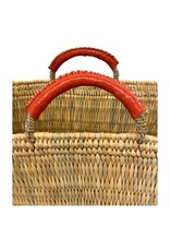 Natural Straw Rectangular Tote with Orange Leather Handles