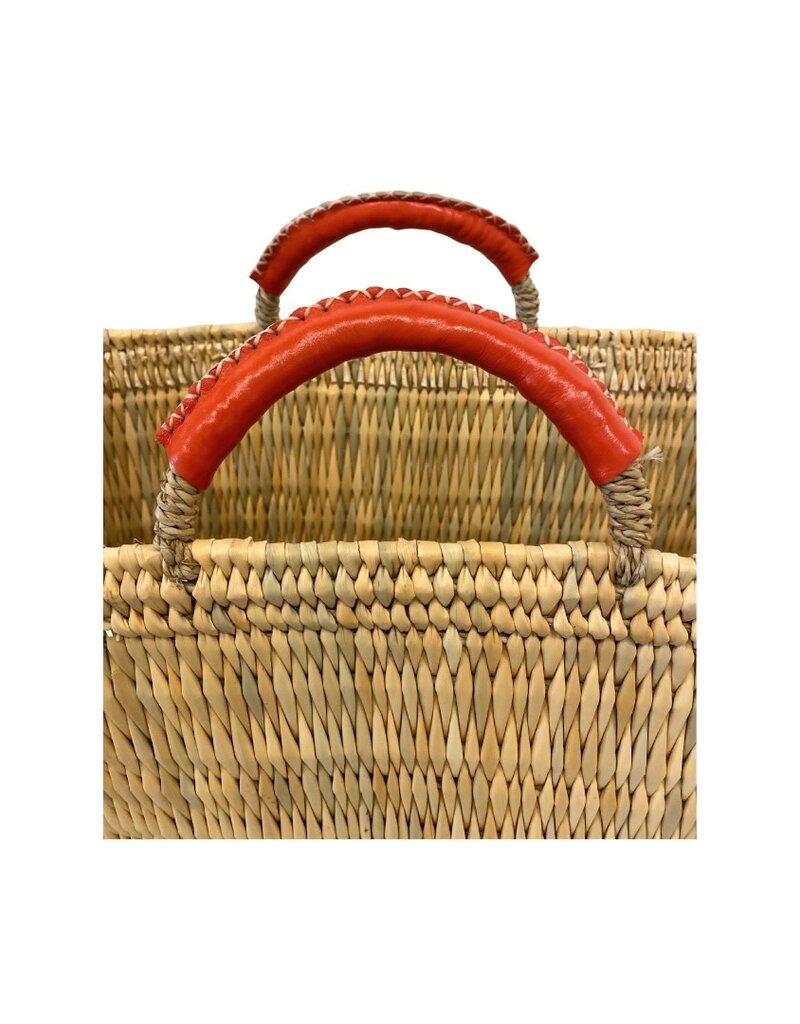 Natural Straw Rectangular Tote with Orange Leather Handles