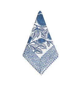 Set of 6 Blue & White Leaf Napkins with Herringbone Border