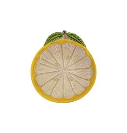 Vintage Yellow Ceramic Lemon Tray with Green Leaves & Stem