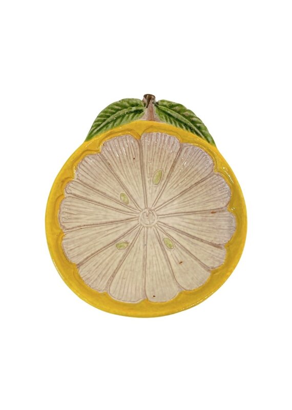 Vintage Yellow Ceramic Lemon Tray with Green Leaves & Stem