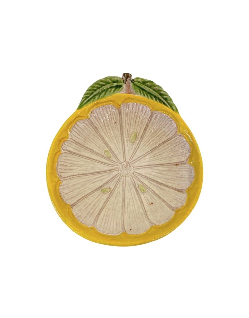 Vintage Yellow Ceramic Lemon Tray with Green Leaves & Stem