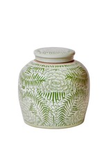 Green & White Ceramic Lidded Ginger Jar with Peonies & Ferns