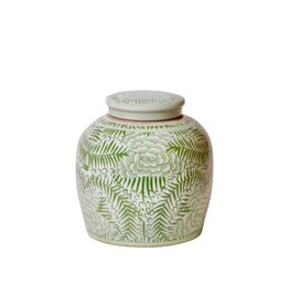 Green & White Ceramic Lidded Ginger Jar with Peonies & Ferns