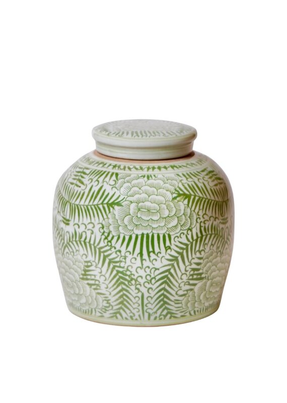 Green & White Ceramic Lidded Ginger Jar with Peonies & Ferns