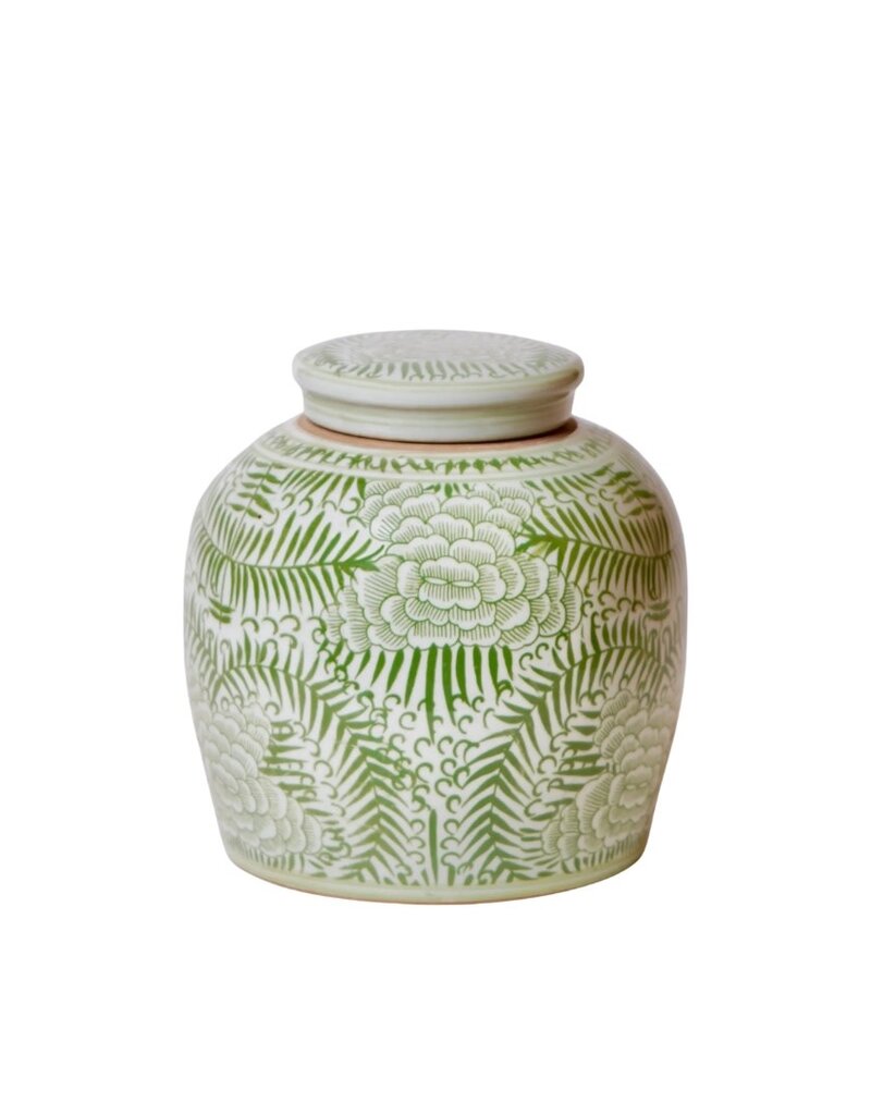 Green & White Ceramic Lidded Ginger Jar with Peonies & Ferns