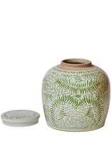 Green & White Ceramic Lidded Ginger Jar with Peonies & Ferns