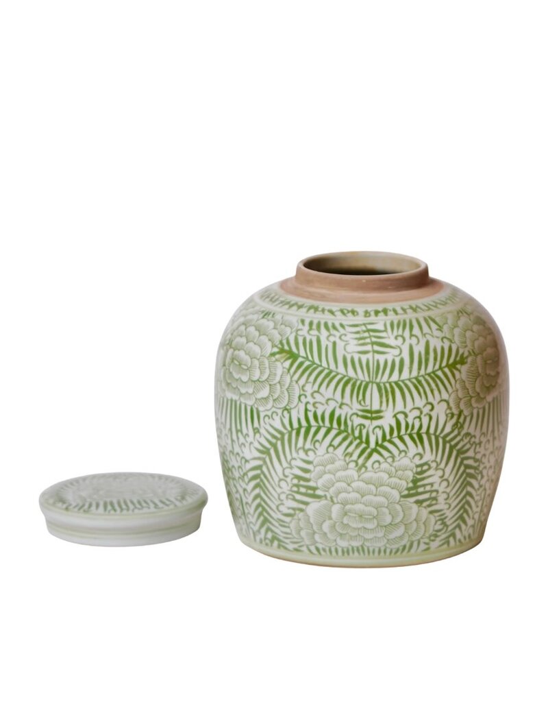 Green & White Ceramic Lidded Ginger Jar with Peonies & Ferns