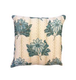 Beige & Aqua Pillow with Florals & Geometric Stripes