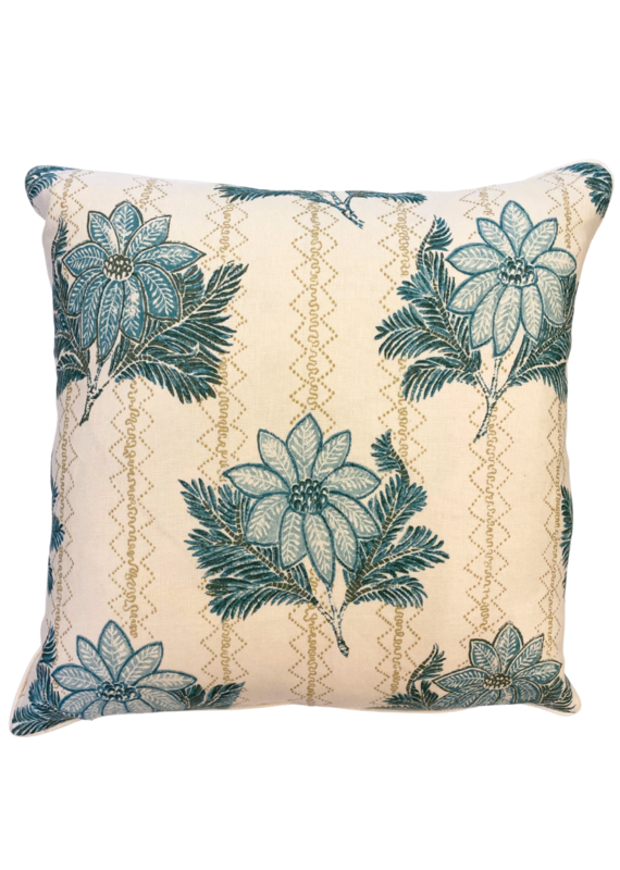 Beige & Aqua Pillow with Florals & Geometric Stripes