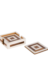 Natural Wood & White Bone Square Coaster Set