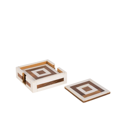 Natural Wood & White Bone Square Coaster Set