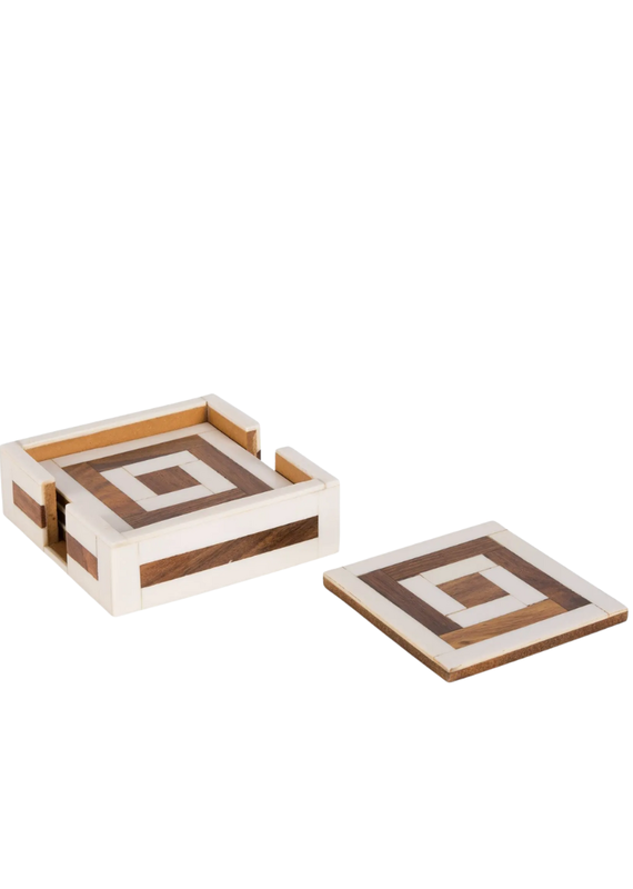Natural Wood & White Bone Square Coaster Set
