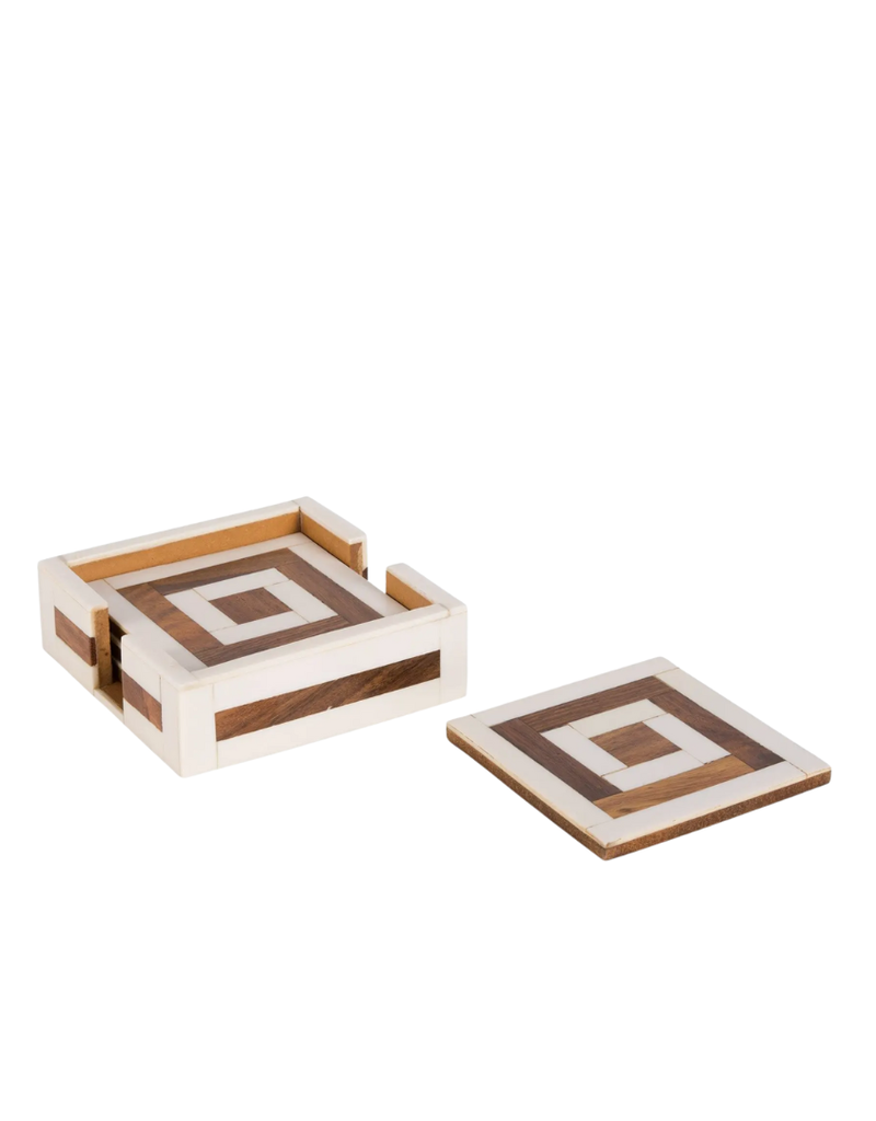 Natural Wood & White Bone Square Coaster Set