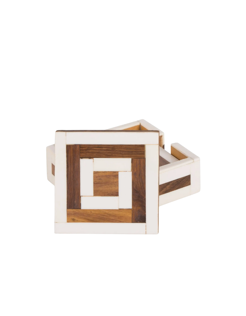 Natural Wood & White Bone Square Coaster Set