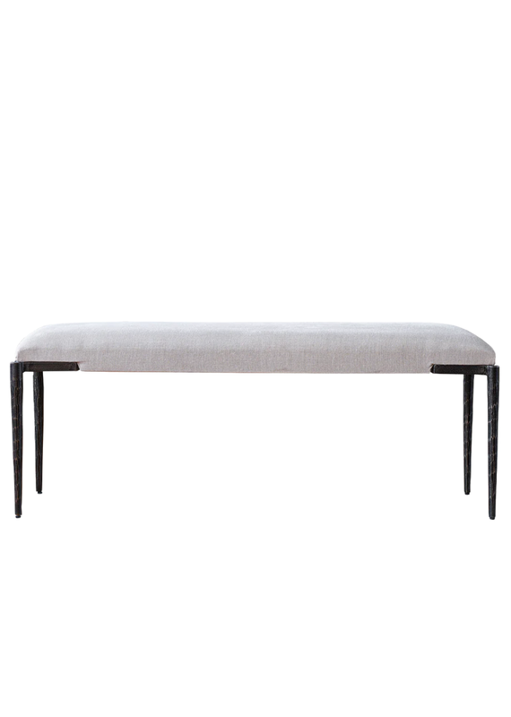 White Fabric Upholstered Bench with Black Textured Metal Legs