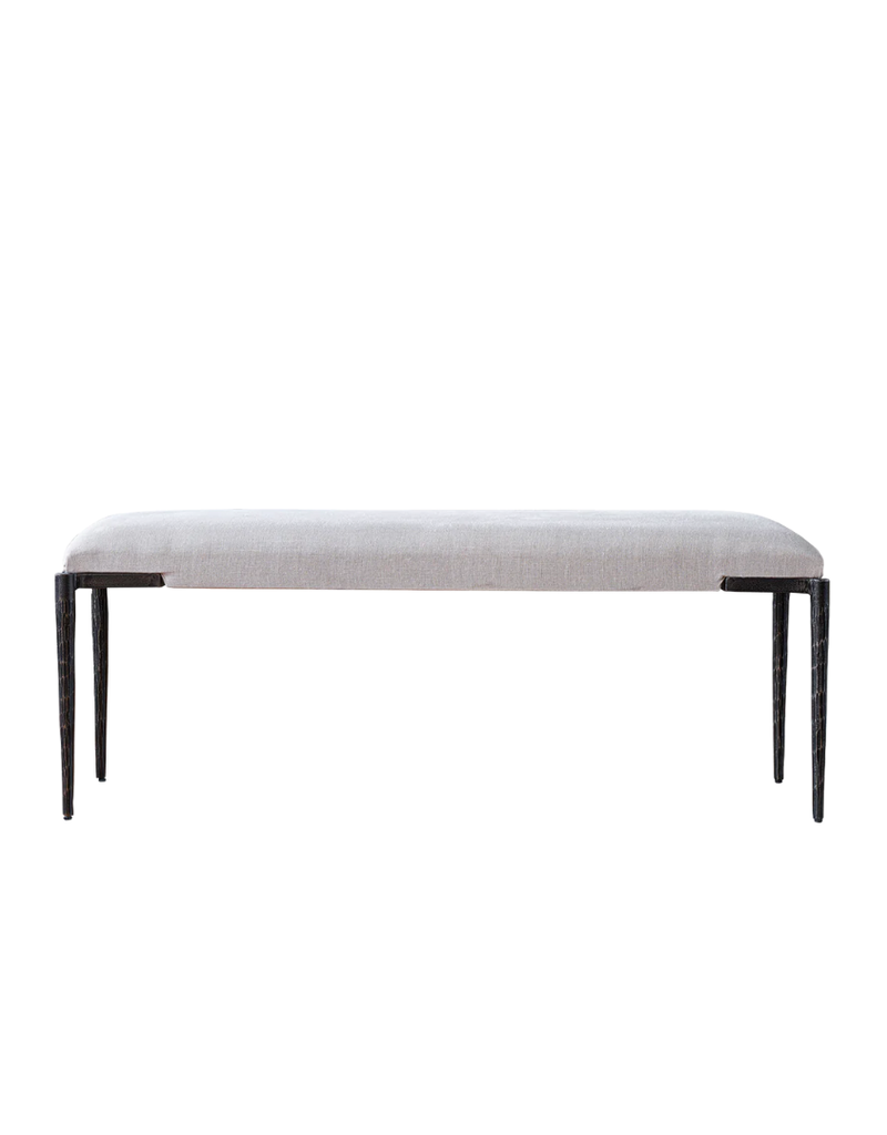 White Fabric Upholstered Bench with Black Textured Metal Legs