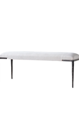 White Fabric Upholstered Bench with Black Textured Metal Legs