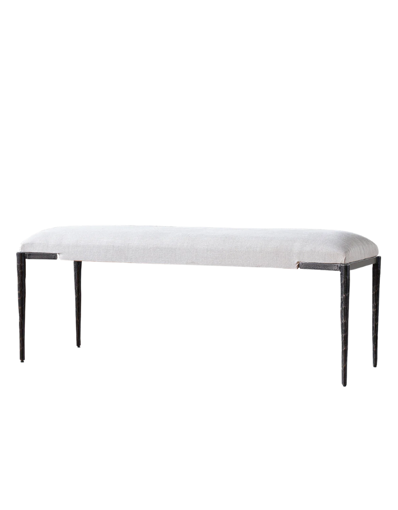 White Fabric Upholstered Bench with Black Textured Metal Legs