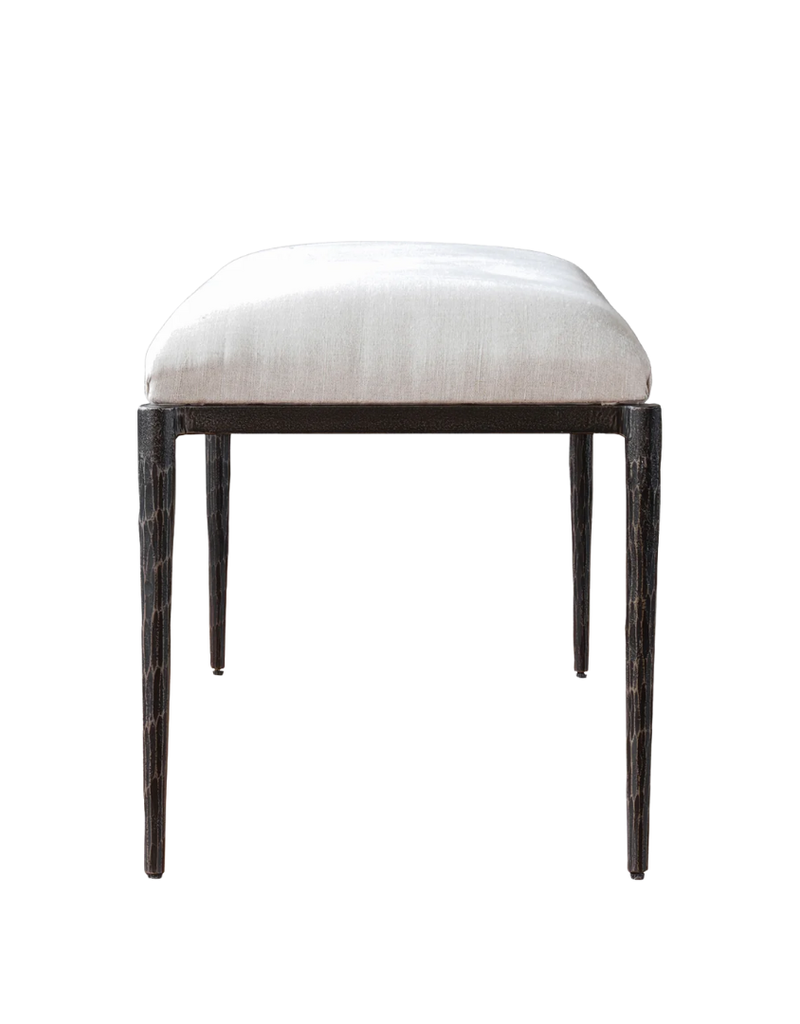 White Fabric Upholstered Bench with Black Textured Metal Legs