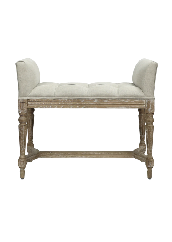 Neutral Beige Upholstered Fabric Bench with Carved Whitewash Wood Legs