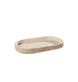 Natural Raffia Oval Tray with White Leather Trim Edge