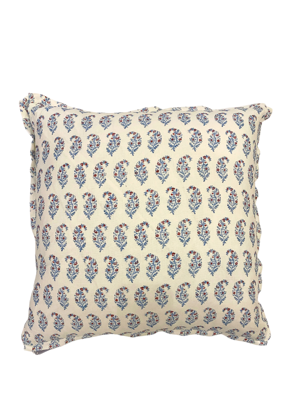 Ivory Pillow with Red & Blue Floral Paisley with Fabric Trimmed Edge