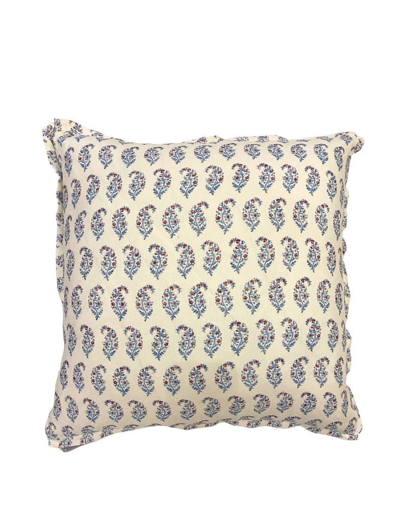 Ivory Pillow with Red & Blue Floral Paisley With Fabric Trimmed Edge