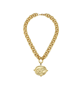 Gold Double Link Chain Necklace with Elephant Intaglio Charm