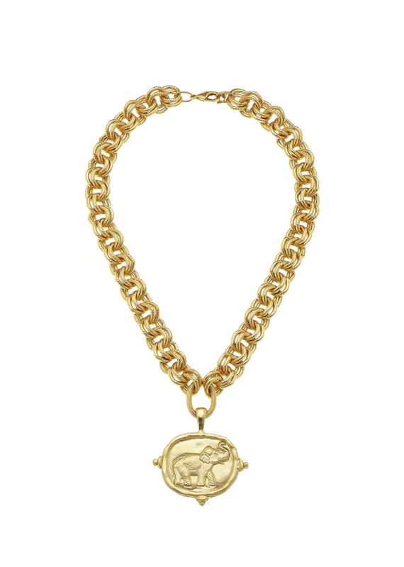 Gold Double Link Chain Necklace with Elephant Intaglio Charm