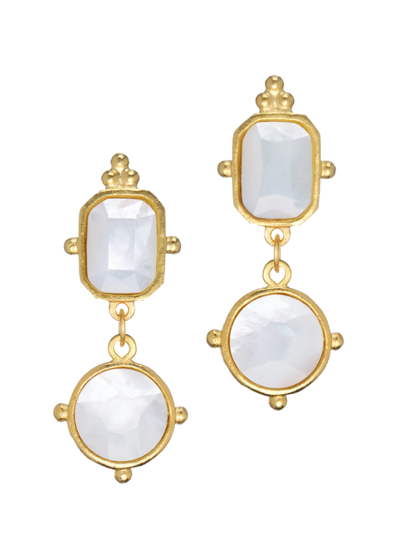 Gold Pointed Rectangle & Circle Drop Earrings with Mother of Pearl
