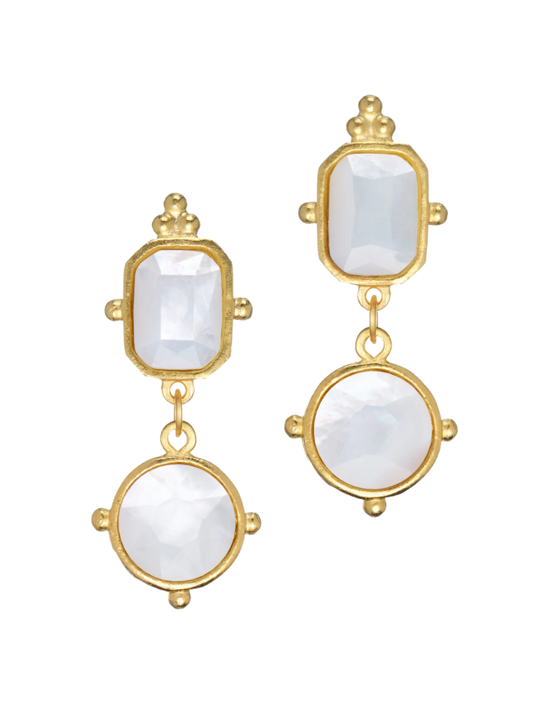 Gold Pointed Rectangle & Circle Drop Earrings with Mother of Pearl