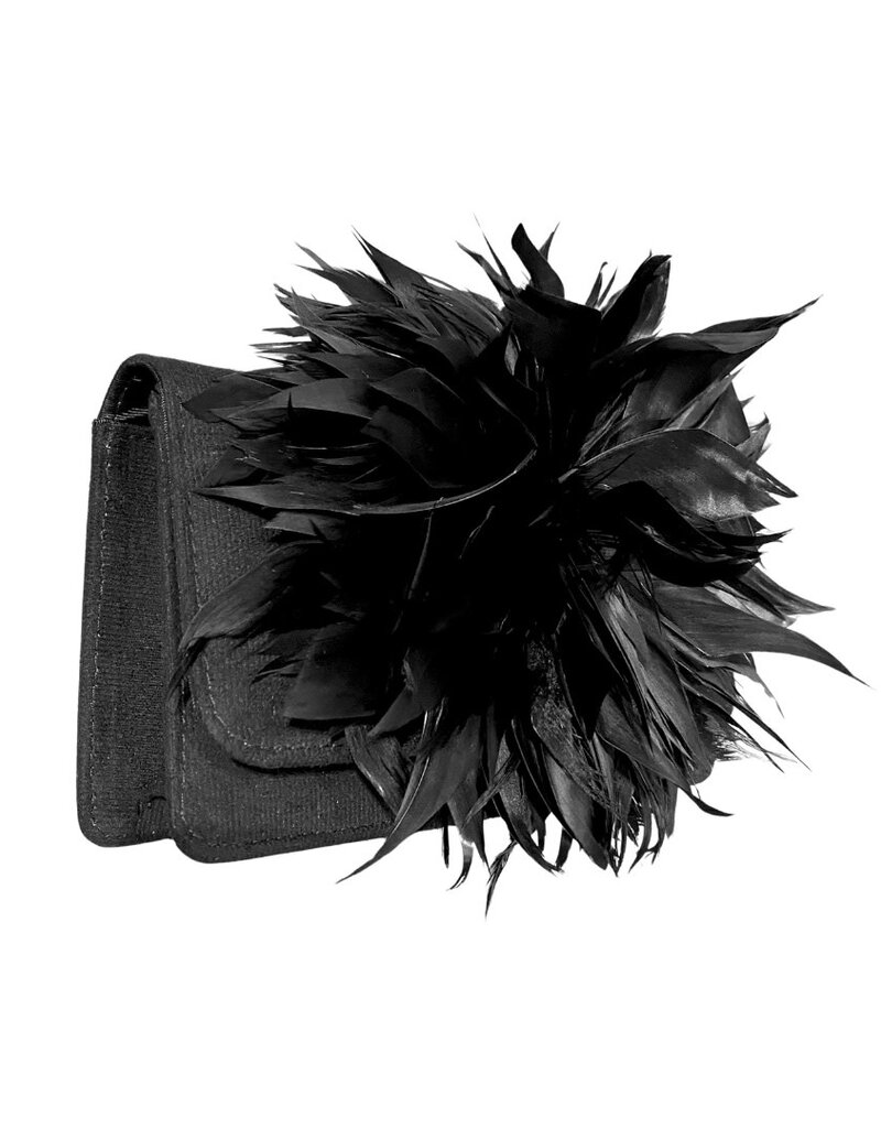 Black Faux Suede Clutch with Feather Pouf