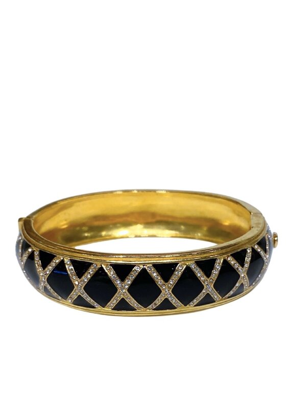 Vintage Gold & Black Enamel Rhinestone Criss Cross Bracelet